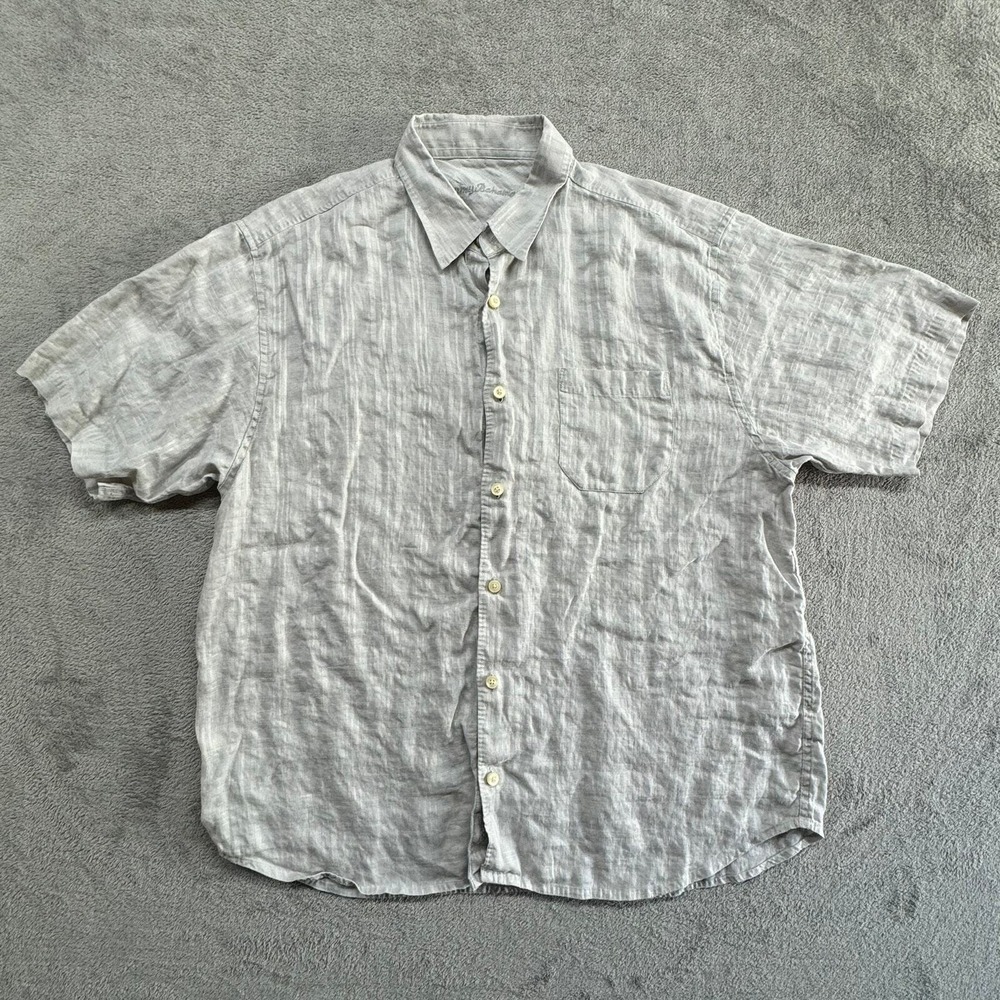 Tommy Bahama Linen Shirt Mens XL Gray Button Up Short Sleeve Striped